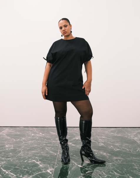 ASOS DESIGN Curve - Sort minikjole med rund hals og bindeærmer - view 1