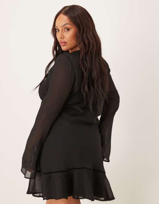ASOS DESIGN Curve - Sort minikjole med rynket bryst, dyb rund hals og lange ærmer, 4 af 4