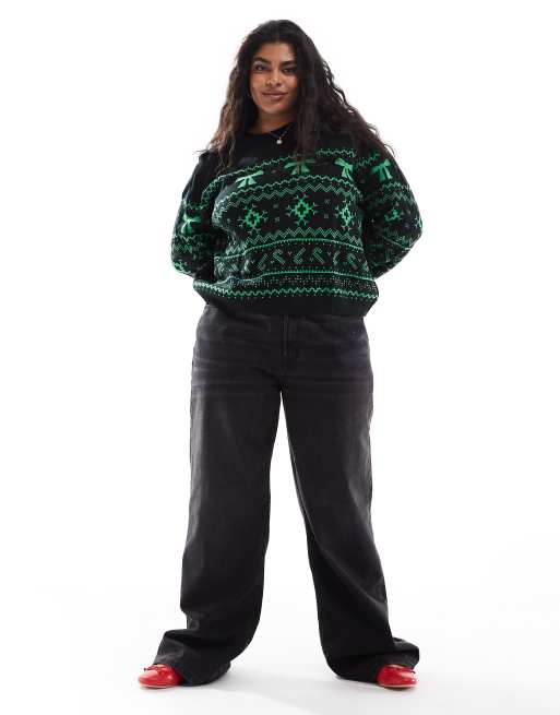 ASOS DESIGN Curve - Sort og grøn juletrøje med rund hals og Fair Isle-mønster, 3 af 4
