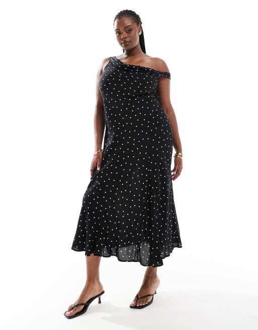 ASOS DESIGN Curve - Sort og hvid og prikket oneshoulder-slip-midikjole med stropper
