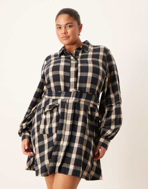 ASOS DESIGN Curve - Sort og lysebrun skjortekjole i minilængde med striber og bælte - view 1