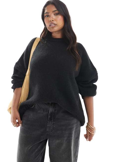 ASOS DESIGN Curve - Sort og oversized trøje med rund hals og buet kant forneden