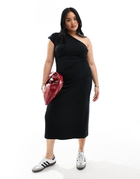 ASOS DESIGN Curve - Sort oneshoulder-kjole i midaxi-længde med rynker i siden - view 1