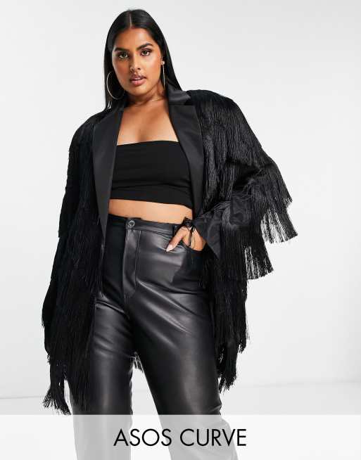 ASOS DESIGN Curve - Sort oversized blazer med frynser