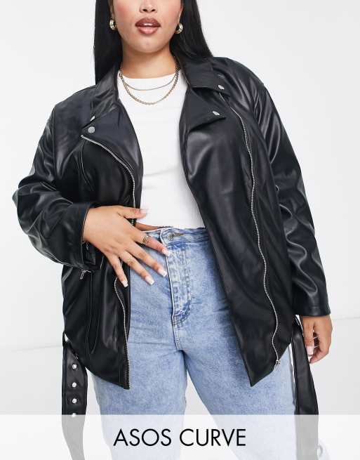 ASOS DESIGN Curve - Sort oversized longline bikerjakke i imiteret læder