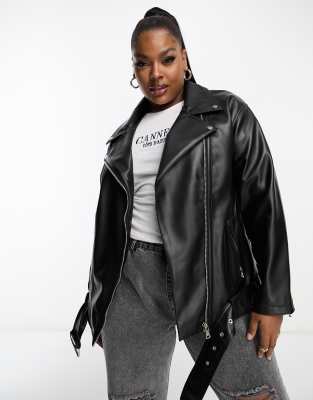 Asos Design Curve - Sort Oversized Longline Bikerjakke I Imiteret Læder-Black