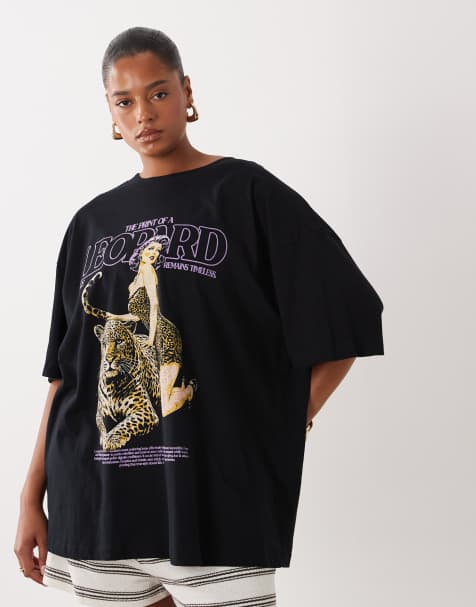 ASOS DESIGN Curve - Sort oversized T-shirt med leopardgrafik - view 1