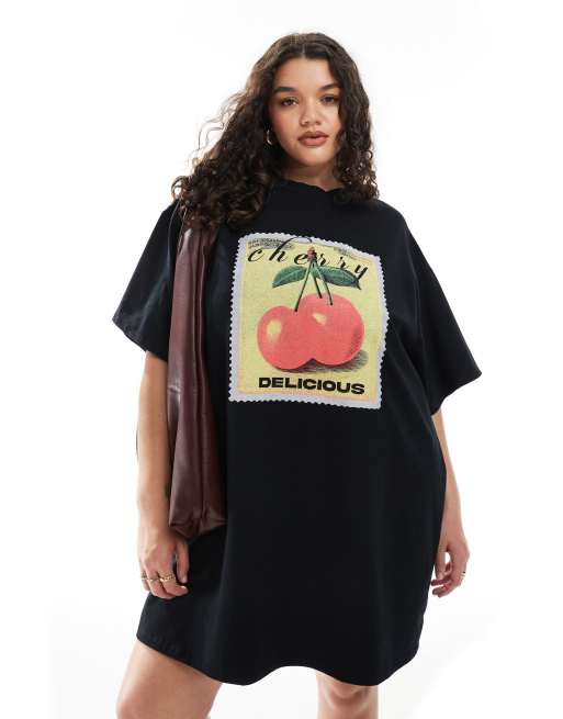 ASOS DESIGN Curve - Sort oversized T-shirt-minikjole med grafik