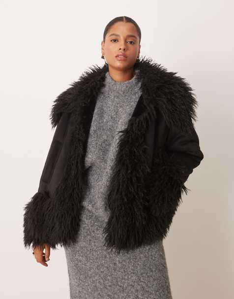 ASOS DESIGN Curve - Sort penny lane-frakke med imiterede pelsdetaljer - view 1