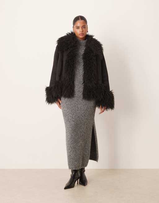 ASOS DESIGN Curve - Sort penny lane-frakke med imiterede pelsdetaljer, 2 af 4