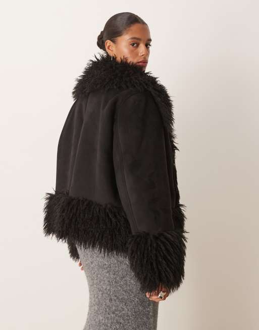 ASOS DESIGN Curve - Sort penny lane-frakke med imiterede pelsdetaljer, 4 af 4
