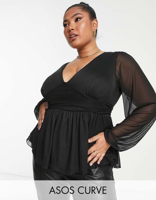 ASOS DESIGN Curve - Sort peplum-top med dyb udskæring og mesh-ærmer med svaj - Kun hos ASOS
