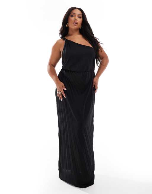 ASOS DESIGN Curve - Sort plisseret maxikjole med snoet oneshoulder-design