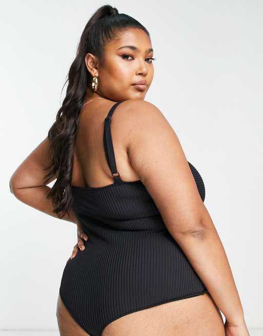 ASOS DESIGN Curve - Sort ribstrikket cami-bodystocking med metaldetalje, 2 af 4