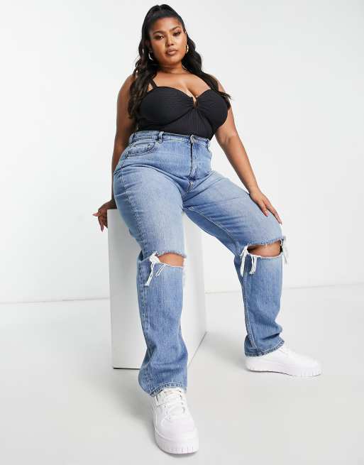 ASOS DESIGN Curve - Sort ribstrikket cami-bodystocking med metaldetalje, 3 af 4