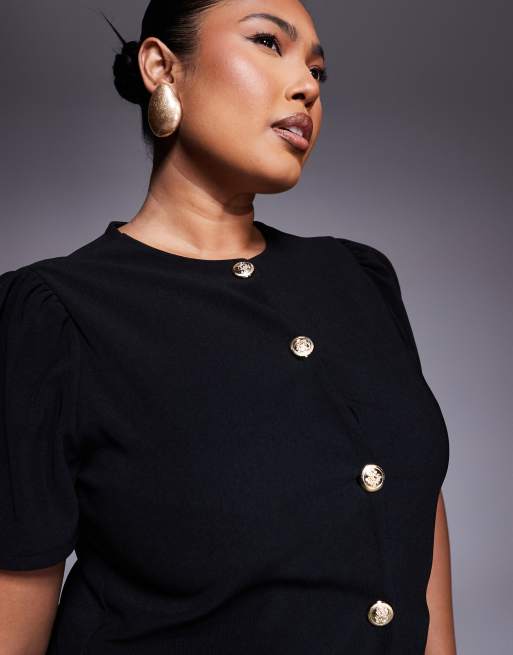 ASOS DESIGN Curve - Sort ribstrikket top med pufærmer, struktur og gennemgående knapper, 3 af 4