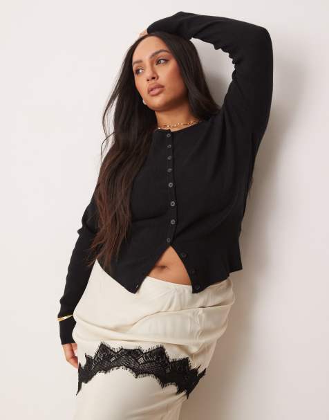 ASOS DESIGN Curve - Sort  ribstrikket tætsiddende cardigan - view 1