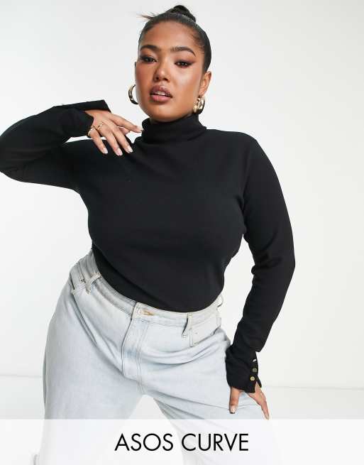 ASOS DESIGN Curve - Sort rullekraveoverdel med knapper på ærmekanterne