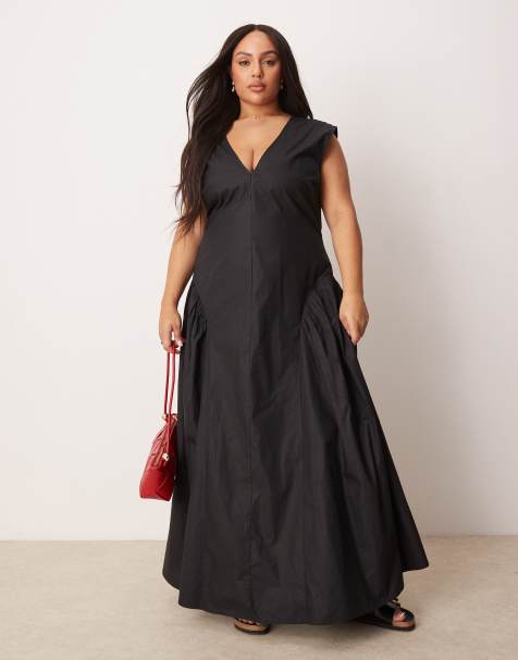 ASOS DESIGN Curve - Sort simpel midikjole med V-hals og plisseret nederdel i godet-stil - view 1