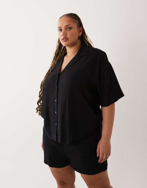 ASOS DESIGN Curve - Sort skjorte med reverskrave i hør - view 1