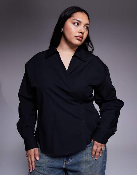 ASOS DESIGN Curve - Sort slå om-skjorte med cocoon-ærmer - view 1