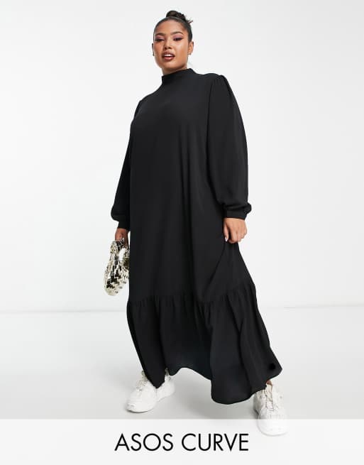 ASOS DESIGN Curve - Sort smock-maxikjole med høj hals