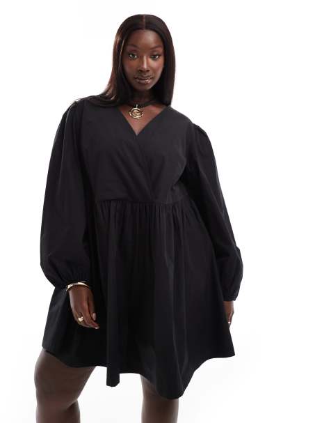 ASOS DESIGN Curve - Sort smock-minikjole i bomuld med v-hals - view 1
