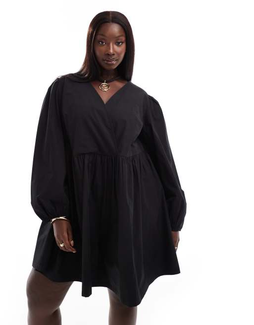 ASOS DESIGN Curve - Sort smock-minikjole i bomuld med v-hals