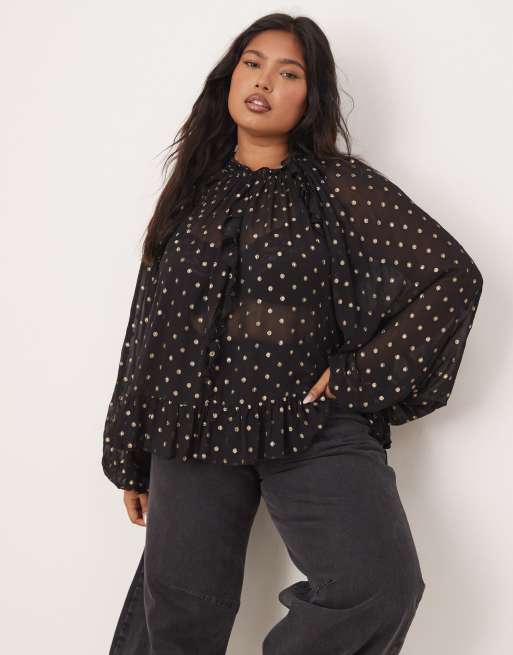 ASOS DESIGN Curve - Sort smock-top med prikker i metallisk guldfarve i burnout-stof