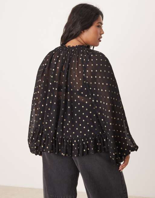 ASOS DESIGN Curve - Sort smock-top med prikker i metallisk guldfarve i burnout-stof, 2 af 4