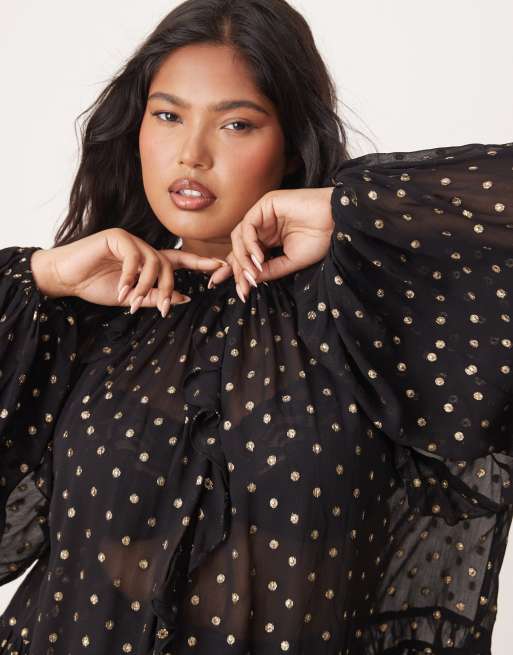 ASOS DESIGN Curve - Sort smock-top med prikker i metallisk guldfarve i burnout-stof, 4 af 4