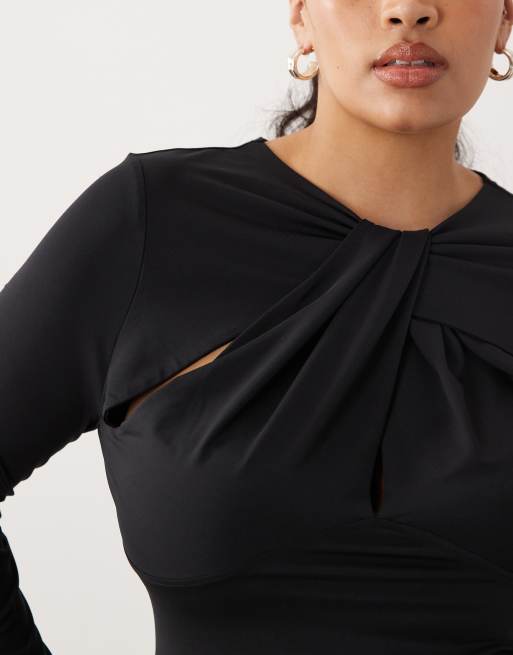 ASOS DESIGN Curve - Sort stramtsiddende top med lange ærmer og udskæring samt snoet detalje, 3 af 4