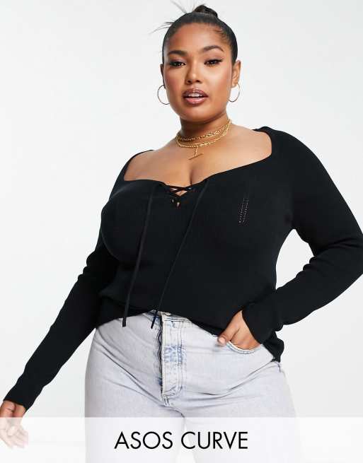 ASOS DESIGN Curve - Sort strikket top med hjerteformet hals og snøredetalje foran