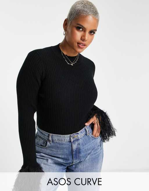 ASOS DESIGN Curve - Sort strikket top med imiterede fjer på manchetterne