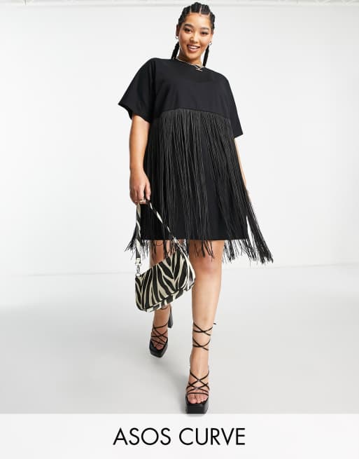 ASOS DESIGN Curve - Sort T-shirt-minikjole med frynser