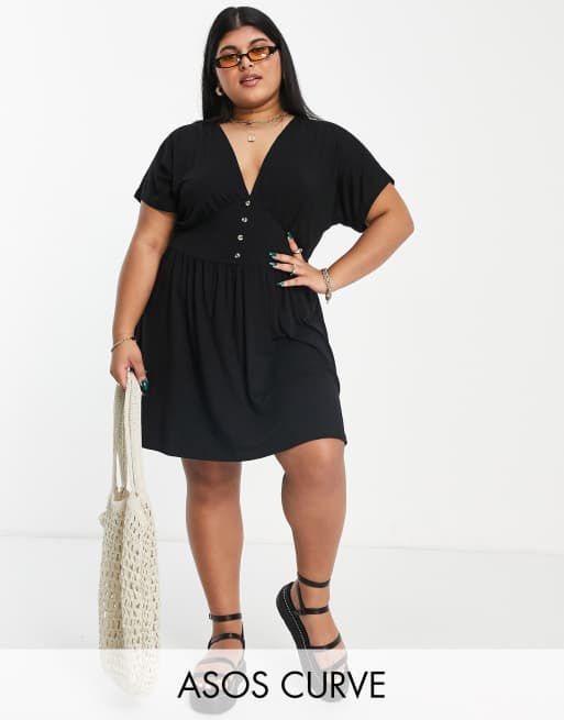 ASOS DESIGN Curve - Sort tea-minikjole med knapper