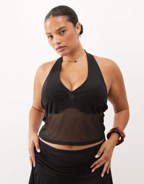 ASOS DESIGN Curve - Sort top i gennemsigtigt mesh med halterneck - view 1