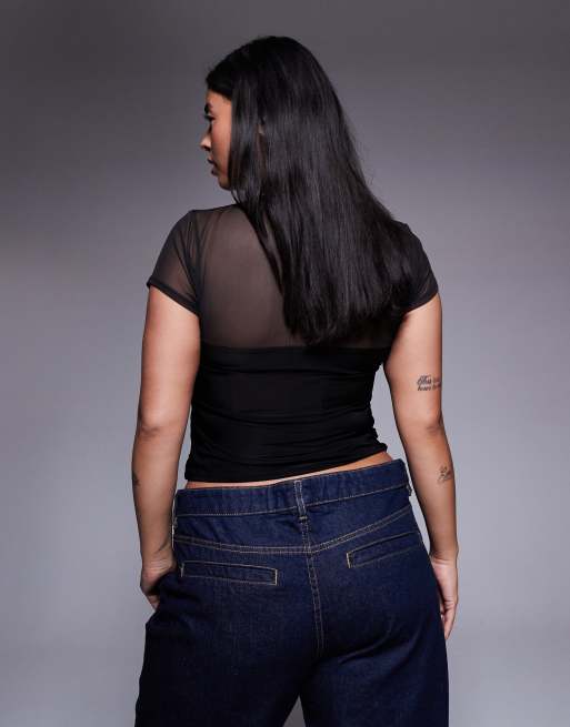 ASOS DESIGN Curve - Sort top med korte ærmer og rouleau-knapdetalje i mesh, 2 af 4