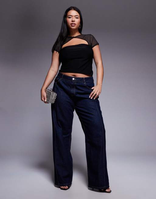 ASOS DESIGN Curve - Sort top med korte ærmer og rouleau-knapdetalje i mesh, 3 af 4