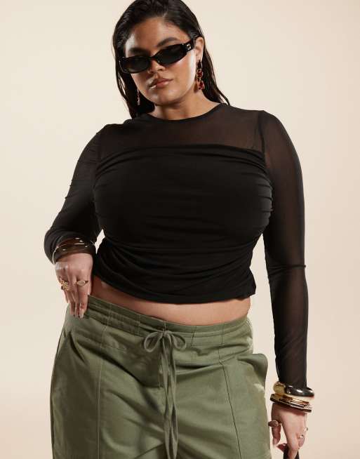 ASOS DESIGN Curve - Sort top med lange ærmer og drapering foran i mesh