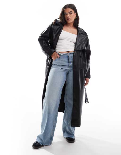 ASOS DESIGN Curve - Sort trenchcoat i læderlook