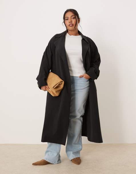 ASOS DESIGN Curve - Sort trenchcoat med vandfaldskrave - view 1