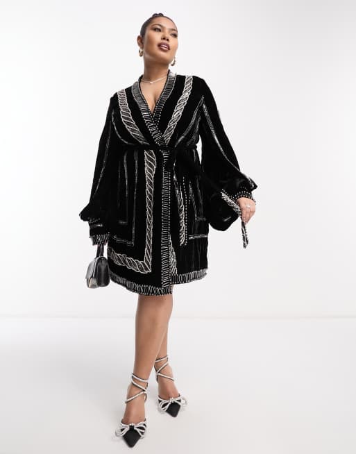 ASOS DESIGN Curve - Sort udsmykket minikjole i velour med bindedetalje