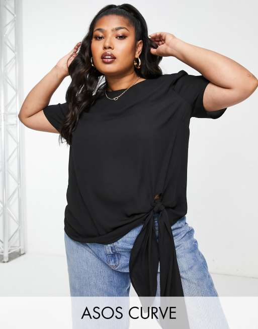 ASOS DESIGN Curve - Sort vævet T-shirt med knude-bindebånd