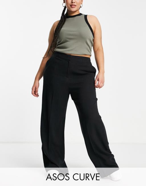 ASOS DESIGN Curve - Sorte afslappede bukser i hør med brede ben og svaj