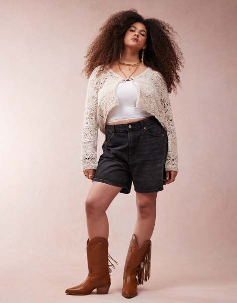 ASOS DESIGN Curve - Sorte forvaskede dad-shorts i denim - view 1