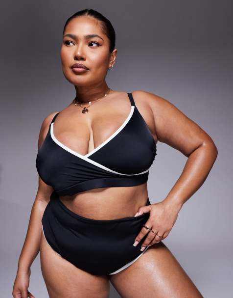 ASOS DESIGN Curve - Sorte og højtaljede bikinitrusser med høj benskæring og kontrastfarvede kantbånd - view 1