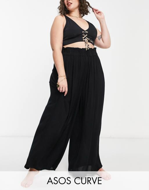 ASOS DESIGN Curve - Sorte palazzo-strandbukser i krølstof med vide ben