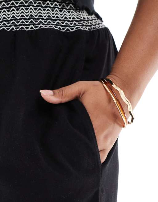 ASOS DESIGN Curve - Sorte pull-on-bukser med rynket talje med cremehvid detalje og vide ben i hørblanding, 2 af 5