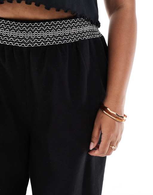 ASOS DESIGN Curve - Sorte pull-on-bukser med rynket talje med cremehvid detalje og vide ben i hørblanding, 5 af 5